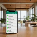 Smartphone com alertas de imóveis no WhatsApp Business em escritório imobiliário brasileiro