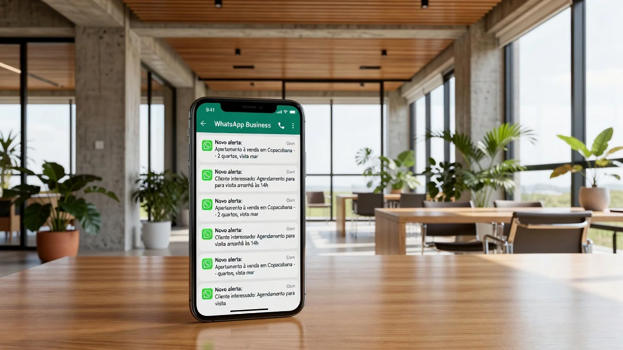 Smartphone com alertas de imóveis no WhatsApp Business em escritório imobiliário brasileiro