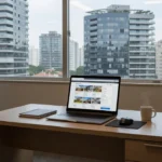 Notebook exibindo portal imobiliário em escritório com vista para prédios brasileiros
