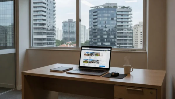 Notebook exibindo portal imobiliário em escritório com vista para prédios brasileiros