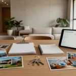 Mesa com prancheta e documentos para registro de visita imobiliária no Brasil