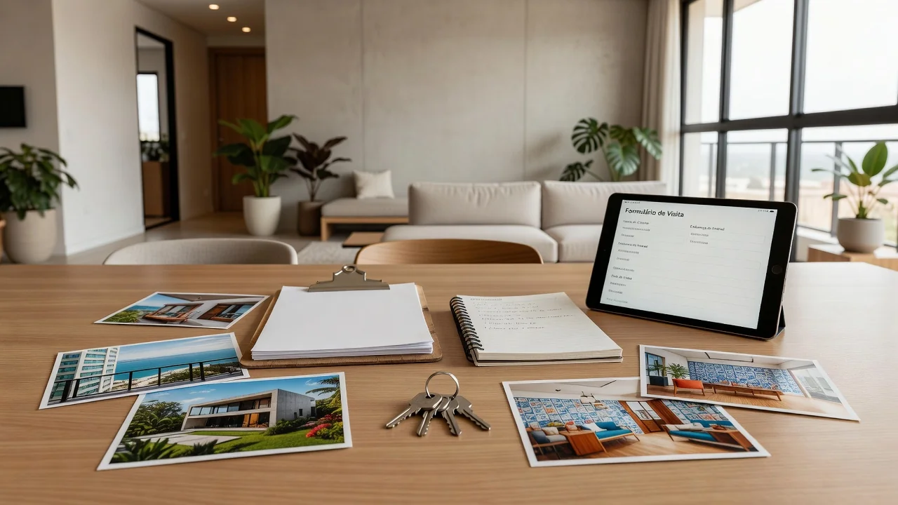 Mesa com prancheta e documentos para registro de visita imobiliária no Brasil
