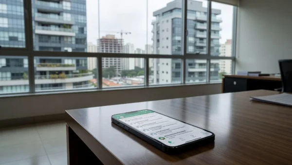 Smartphone com WhatsApp aberto mostrando leads imobiliários