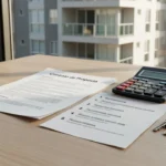 Documentos de proposta imobiliária com checklist de pagamento parcelado sobre mesa