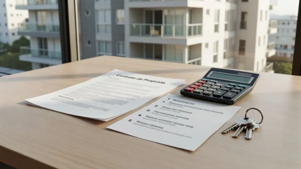 Documentos de proposta imobiliária com checklist de pagamento parcelado sobre mesa