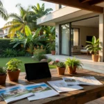 Casa brasileira moderna com materiais de marketing imobiliário sobre mesa