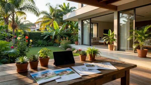 Casa brasileira moderna com materiais de marketing imobiliário sobre mesa