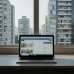 Notebook aberto mostrando portal imobiliário com anúncios de imóveis no Brasil
