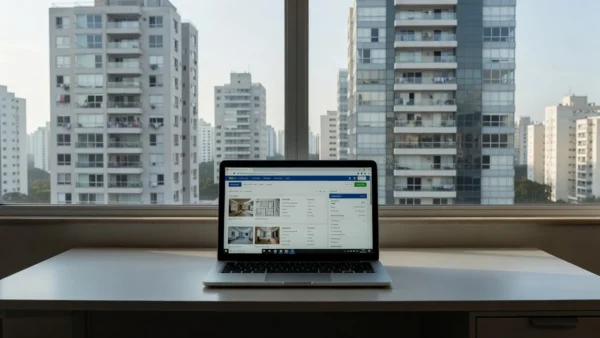 Notebook aberto mostrando portal imobiliário com anúncios de imóveis no Brasil