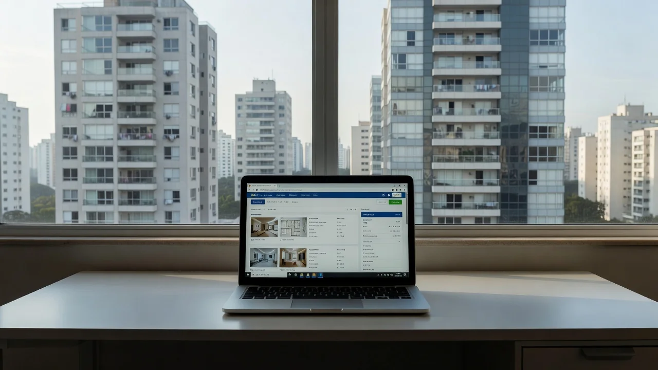 Notebook aberto mostrando portal imobiliário com anúncios de imóveis no Brasil