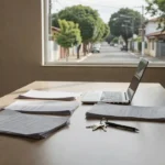 Mesa de reunião em imobiliária com contratos e chaves de imóvel