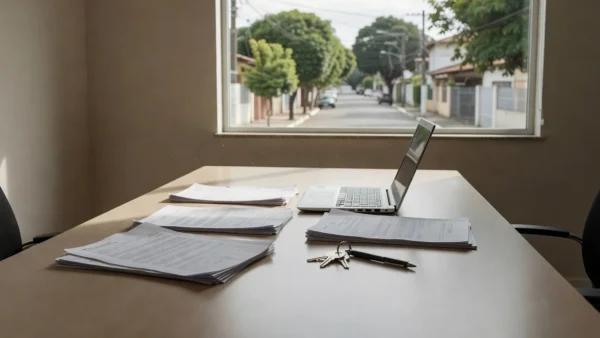 Mesa de reunião em imobiliária com contratos e chaves de imóvel