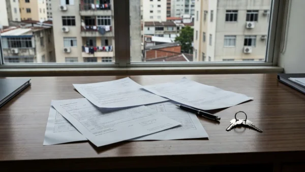 Documentos de contrato de intermediação imobiliária em mesa de escritório brasileiro