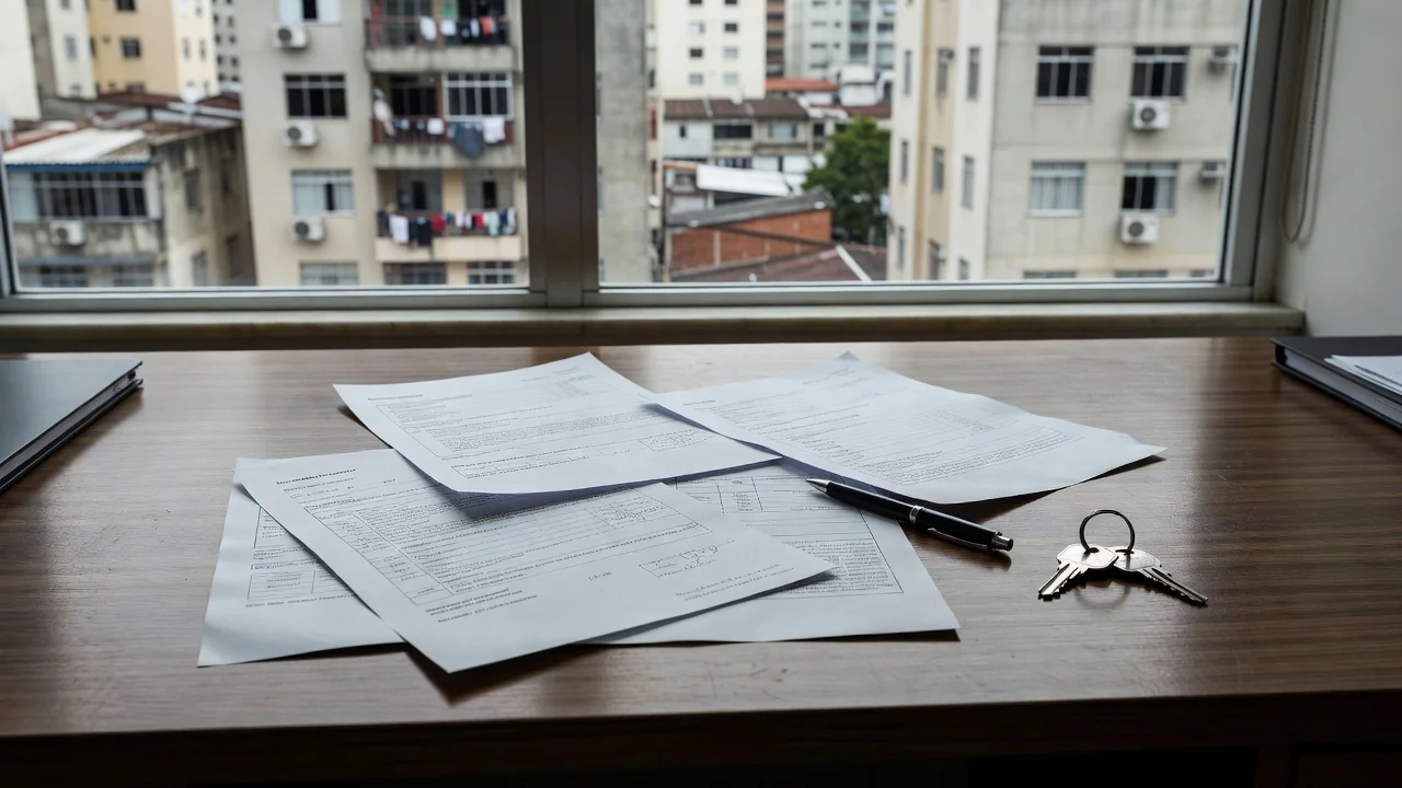 Documentos de contrato de intermediação imobiliária em mesa de escritório brasileiro