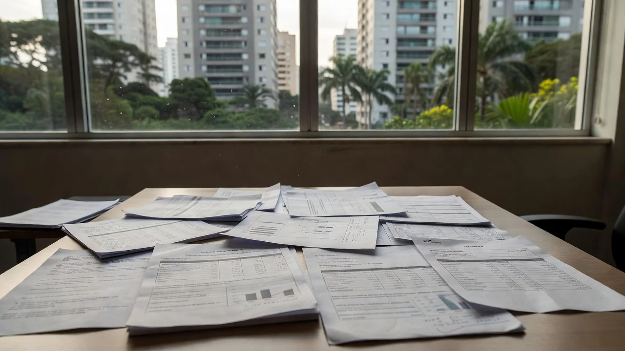 Documentos de propostas imobiliárias comparadas em mesa de escritório no Brasil