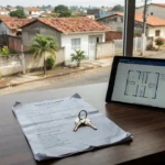 Mesa com documentos de captação imobiliária em ambiente brasileiro