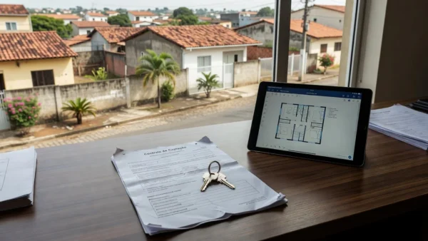 Mesa com documentos de captação imobiliária em ambiente brasileiro
