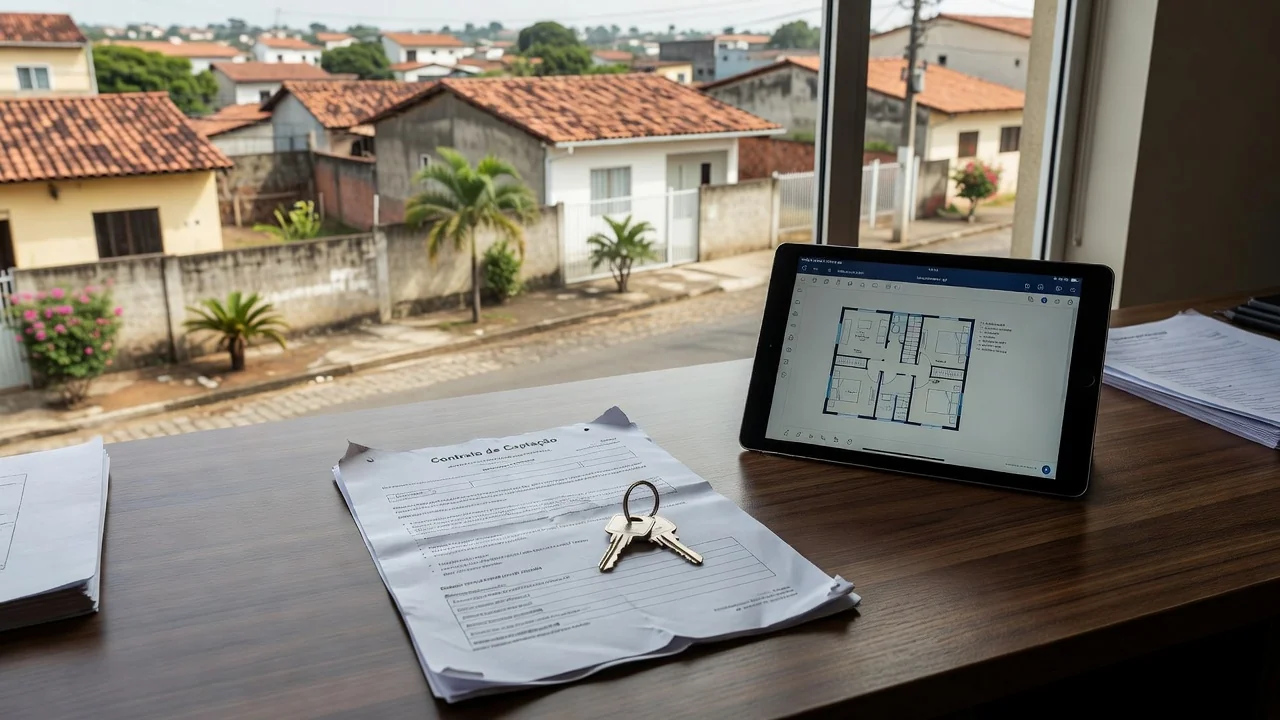 Mesa com documentos de captação imobiliária em ambiente brasileiro