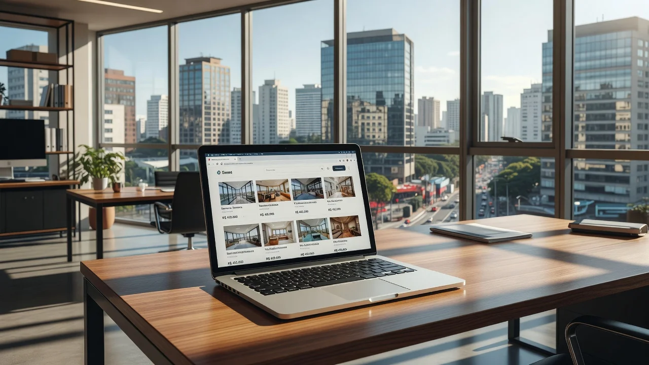 Notebook exibindo portais imobiliários com anúncios de imóveis no Brasil