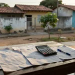 Documentos imobiliários e calculadora sobre mesa em casa brasileira para contraproposta de preço