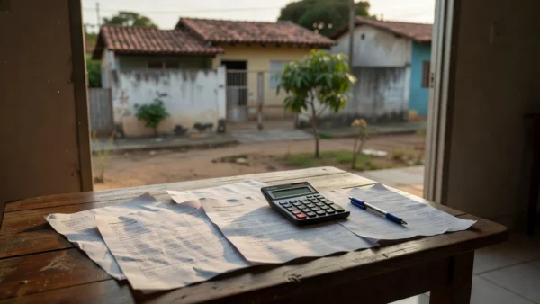 Documentos imobiliários e calculadora sobre mesa em casa brasileira para contraproposta de preço