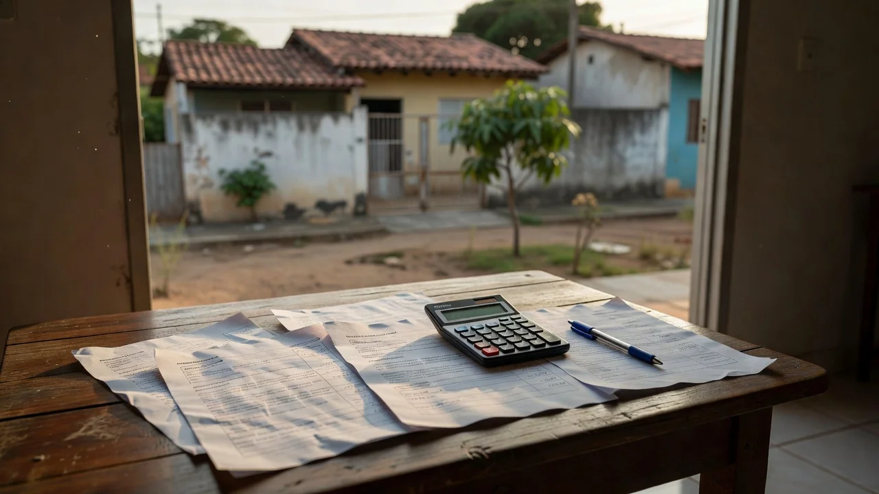 Documentos imobiliários e calculadora sobre mesa em casa brasileira para contraproposta de preço