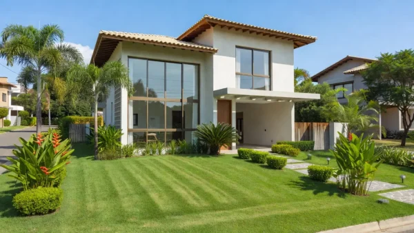 Casa moderna brasileira com jardim, foto profissional para listagem imobiliária