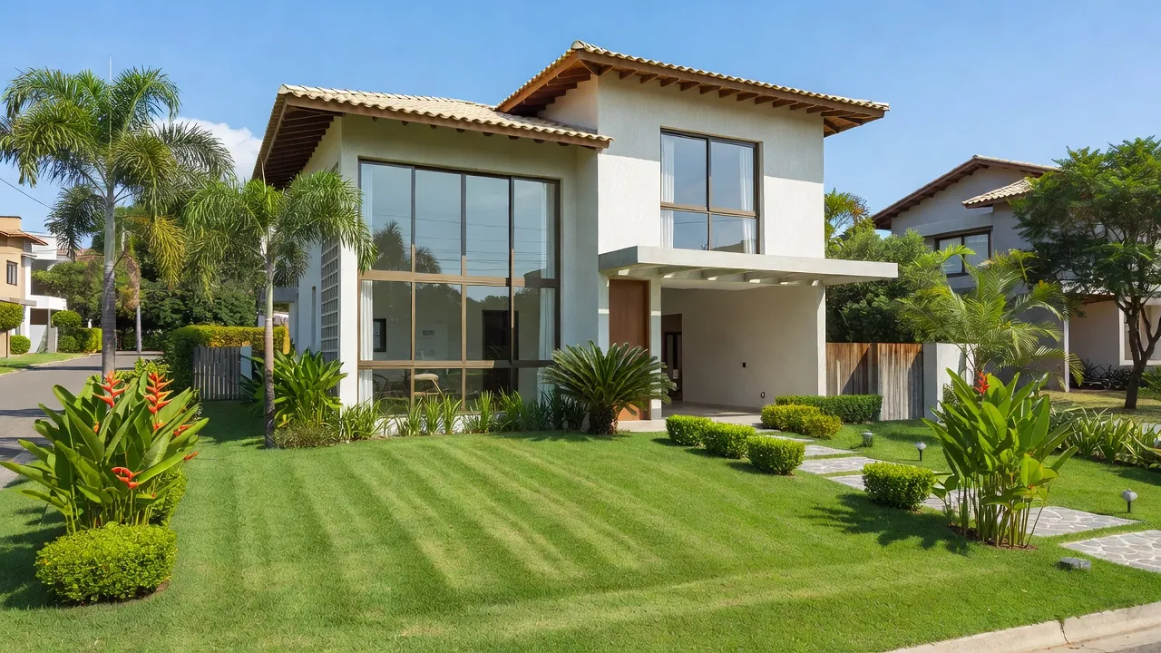 Casa moderna brasileira com jardim, foto profissional para listagem imobiliária