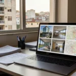 Mesa com laptop e documentos de imóveis representando matriz de preferência do comprador