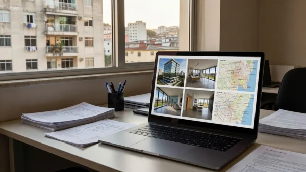 Mesa com laptop e documentos de imóveis representando matriz de preferência do comprador