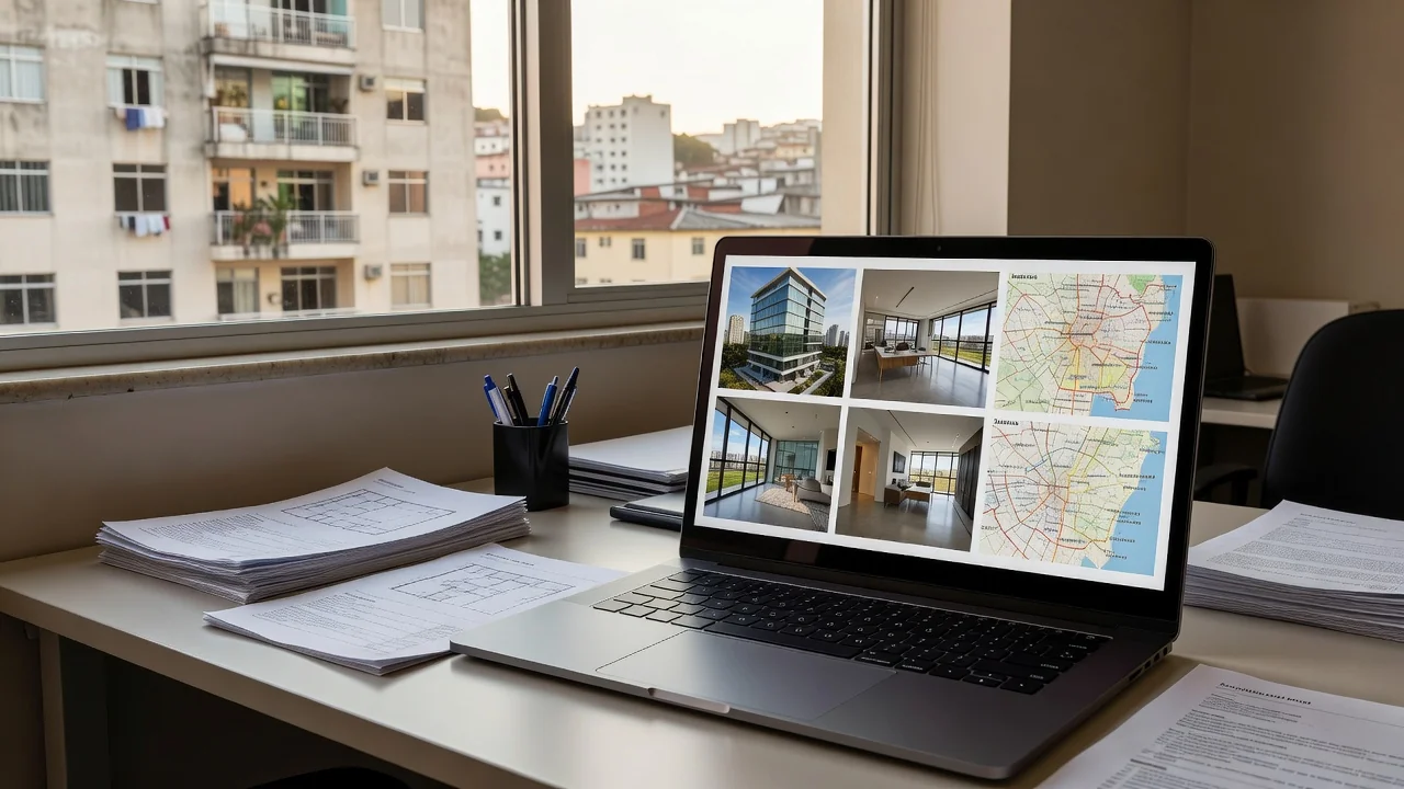 Mesa com laptop e documentos de imóveis representando matriz de preferência do comprador