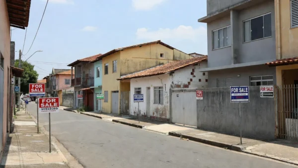 Rua residencial brasileira com imóveis à venda de imobiliárias concorrentes