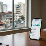 Smartphone em mesa de escritório imobiliário representando classificação de leads no WhatsApp