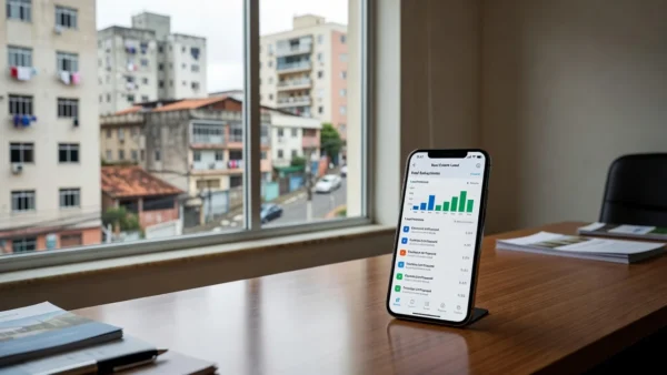 Smartphone em mesa de escritório imobiliário representando classificação de leads no WhatsApp