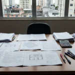 Mesa com propostas imobiliárias em escritório brasileiro representando ancoragem de preços