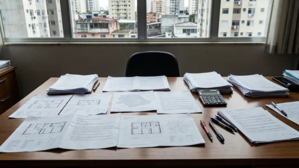 Mesa com propostas imobiliárias em escritório brasileiro representando ancoragem de preços