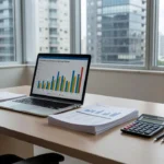 Relatório de comissões por origem com gráficos em laptop no mercado imobiliário