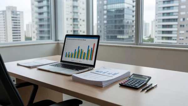 Relatório de comissões por origem com gráficos em laptop no mercado imobiliário