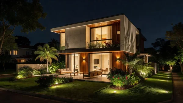 Foto noturna profissional de imóvel residencial brasileiro para mercado imobiliário