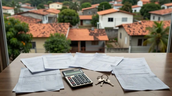 Mesa com laudos de avaliação imobiliária e chaves sobre documentos no mercado brasileiro