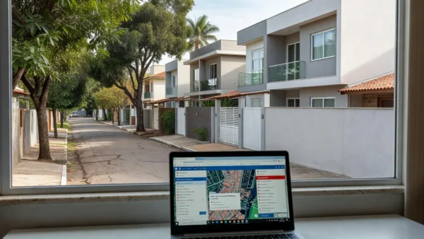 Rua residencial brasileira com notebook mostrando alertas de imóveis para corretores