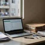 Mesa com laptop e planilha para corretores imobiliários no Brasil