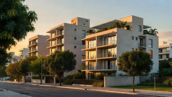 Edifícios residenciais modernos representando mercado imobiliário e carteira ativa de imóveis no Brasil.