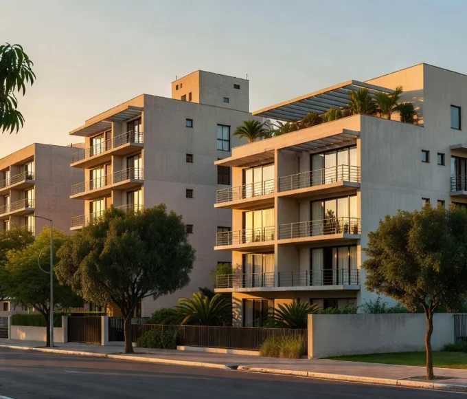 Edifícios residenciais modernos representando mercado imobiliário e carteira ativa de imóveis no Brasil.