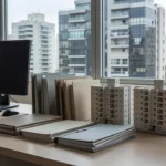 Mesa de plantão imobiliário com materiais de vendas e vista para prédios no Brasil