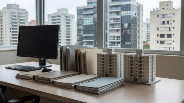Mesa de plantão imobiliário com materiais de vendas e vista para prédios no Brasil