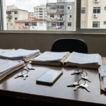 Smartphone em mesa de escritório imobiliário brasileiro representando registro de leads no WhatsApp