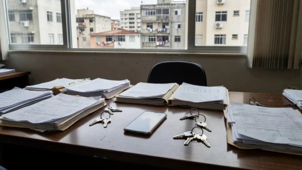 Smartphone em mesa de escritório imobiliário brasileiro representando registro de leads no WhatsApp