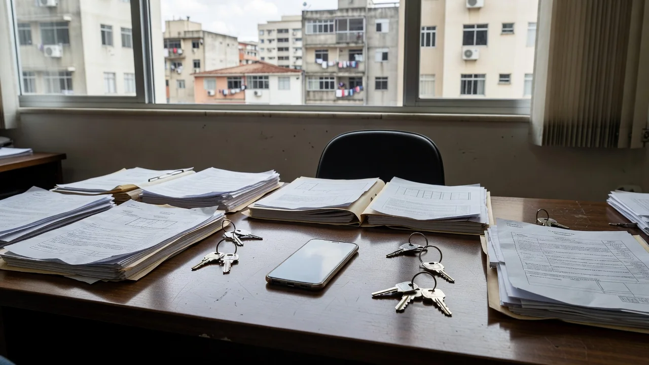 Smartphone em mesa de escritório imobiliário brasileiro representando registro de leads no WhatsApp