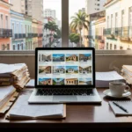 Mesa de escritório imobiliário com documentos e notebook mostrando imóveis no Brasil